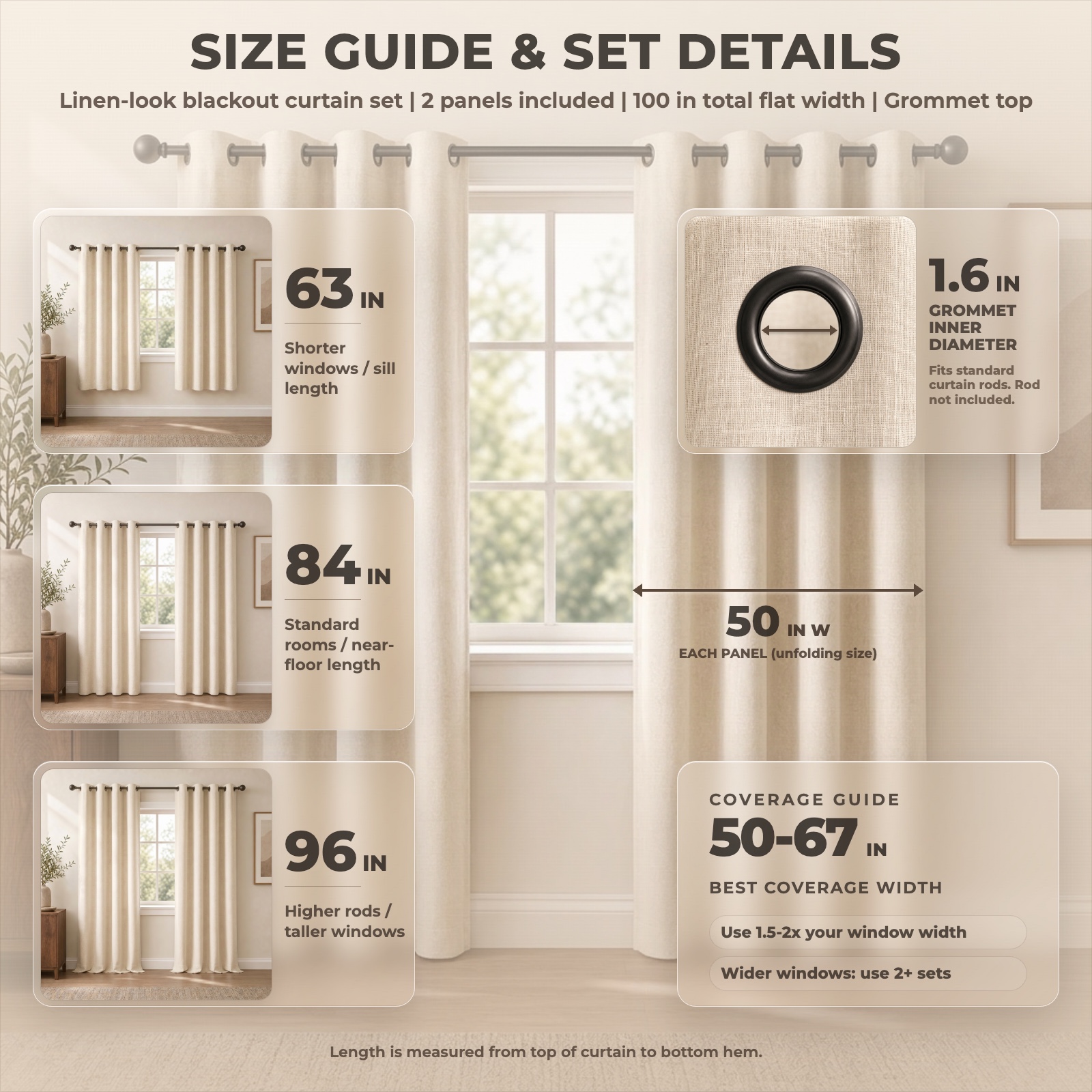 Size guide: 2 panels included, 50 inches wide each, 100 inches total width, 1.6 inch grommets, lengths 63, 84, and 96 inches, best for windows 50 to 67 inches wide