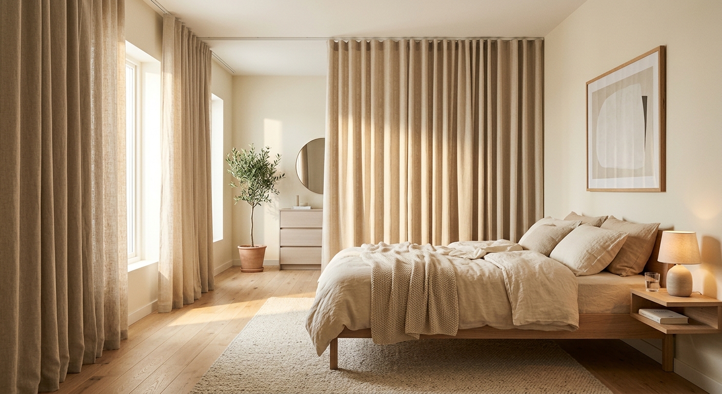 Hanging linen-look blackout curtain panel