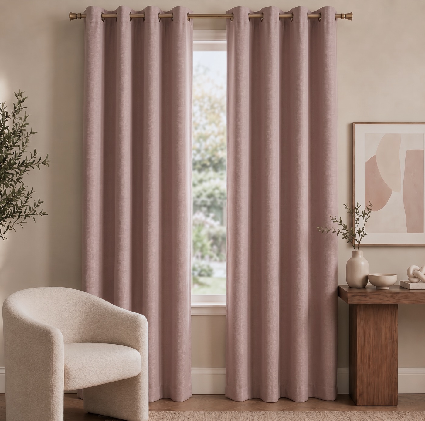 Linen-Look Blackout Curtain in Blush Pink, hanging in a styled room