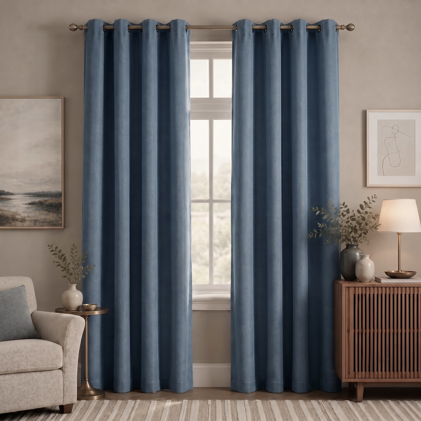 Linen-Look Blackout Curtain in Denim Blue, hanging in a styled room
