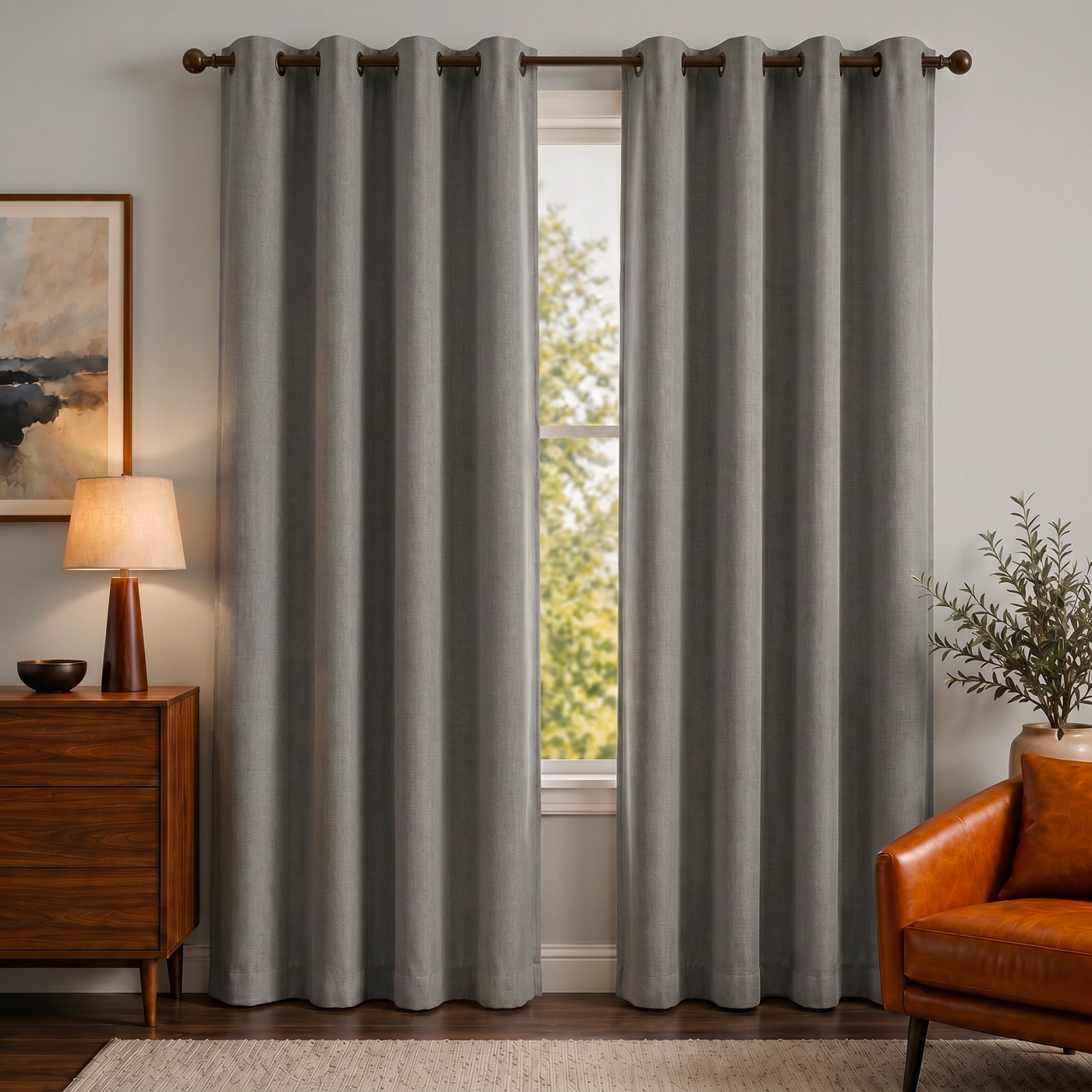 Linen-Look Blackout Curtain in Gray, hanging in a styled room
