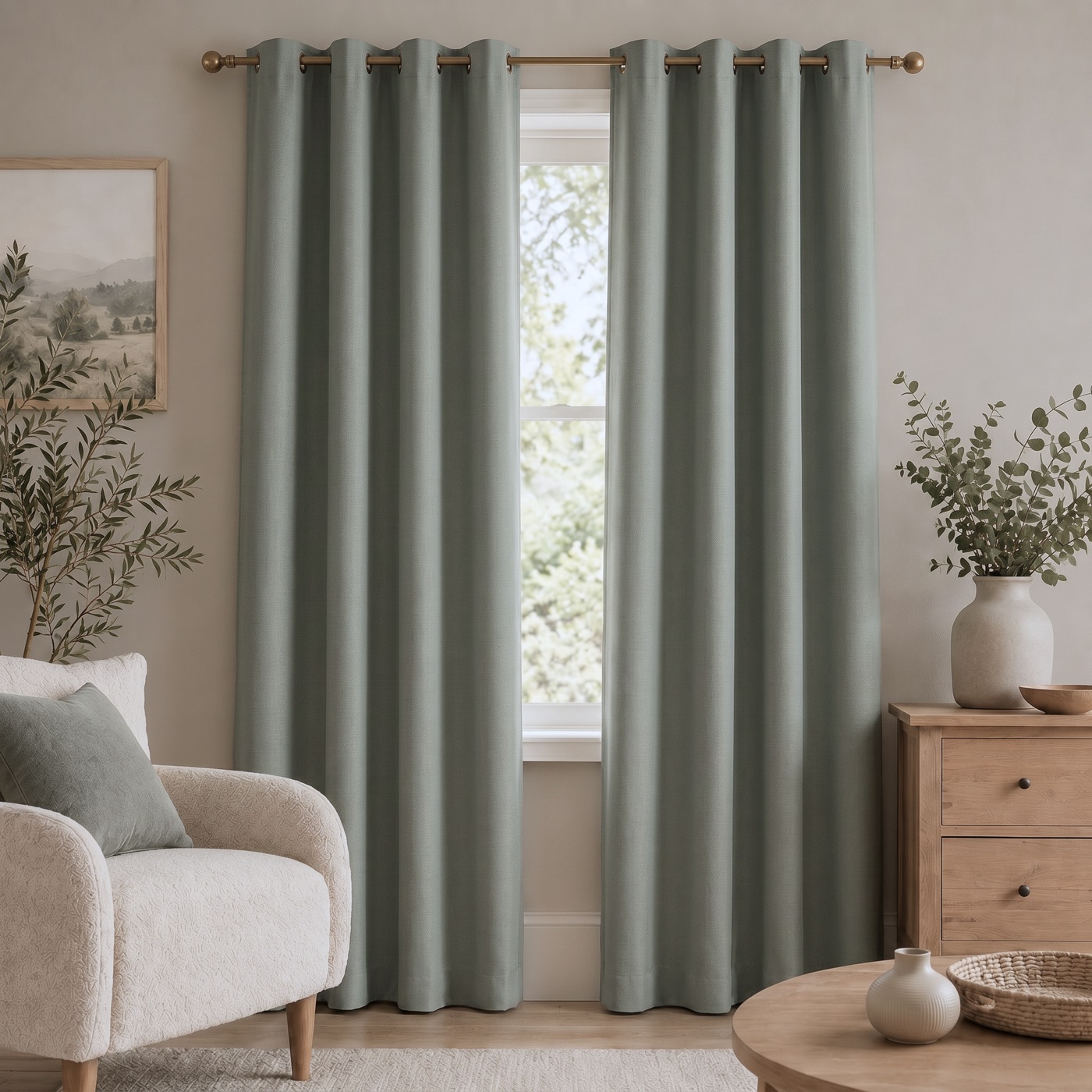 Linen-Look Blackout Curtain in Muted Sage, hanging in a styled room