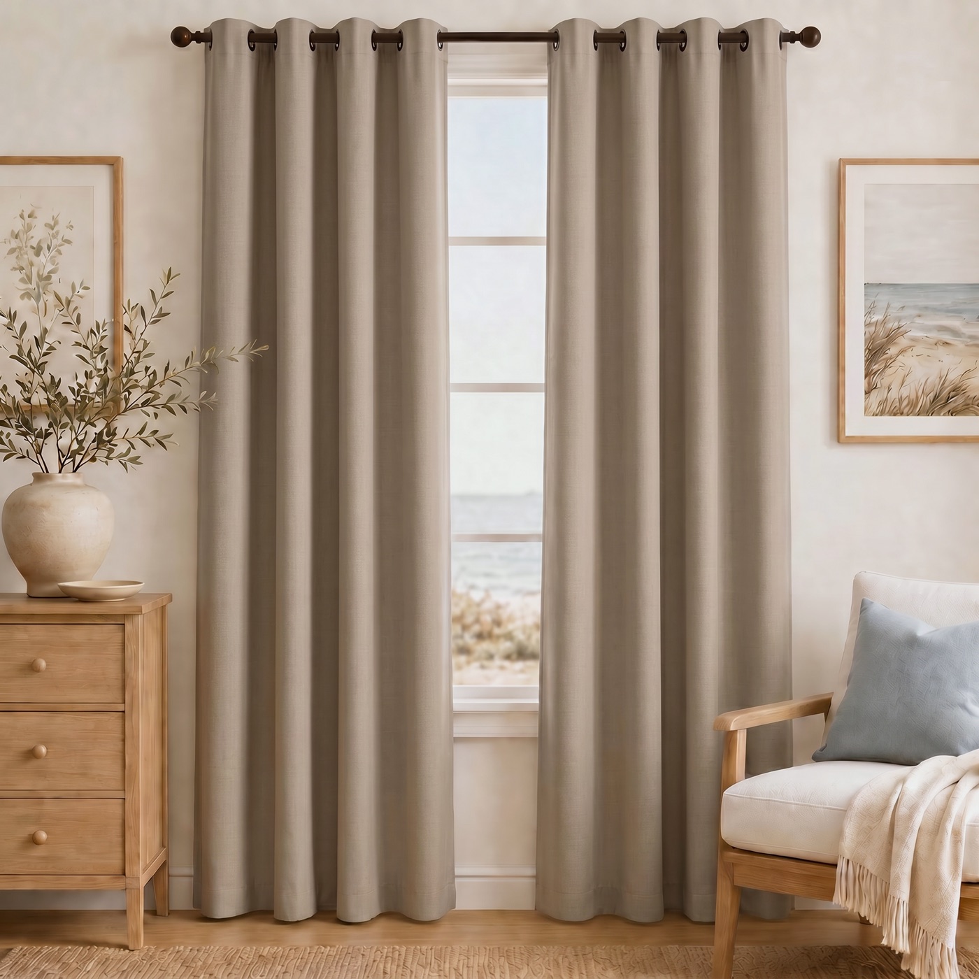 Linen-Look Blackout Curtain in Natural Flax, hanging in a styled room