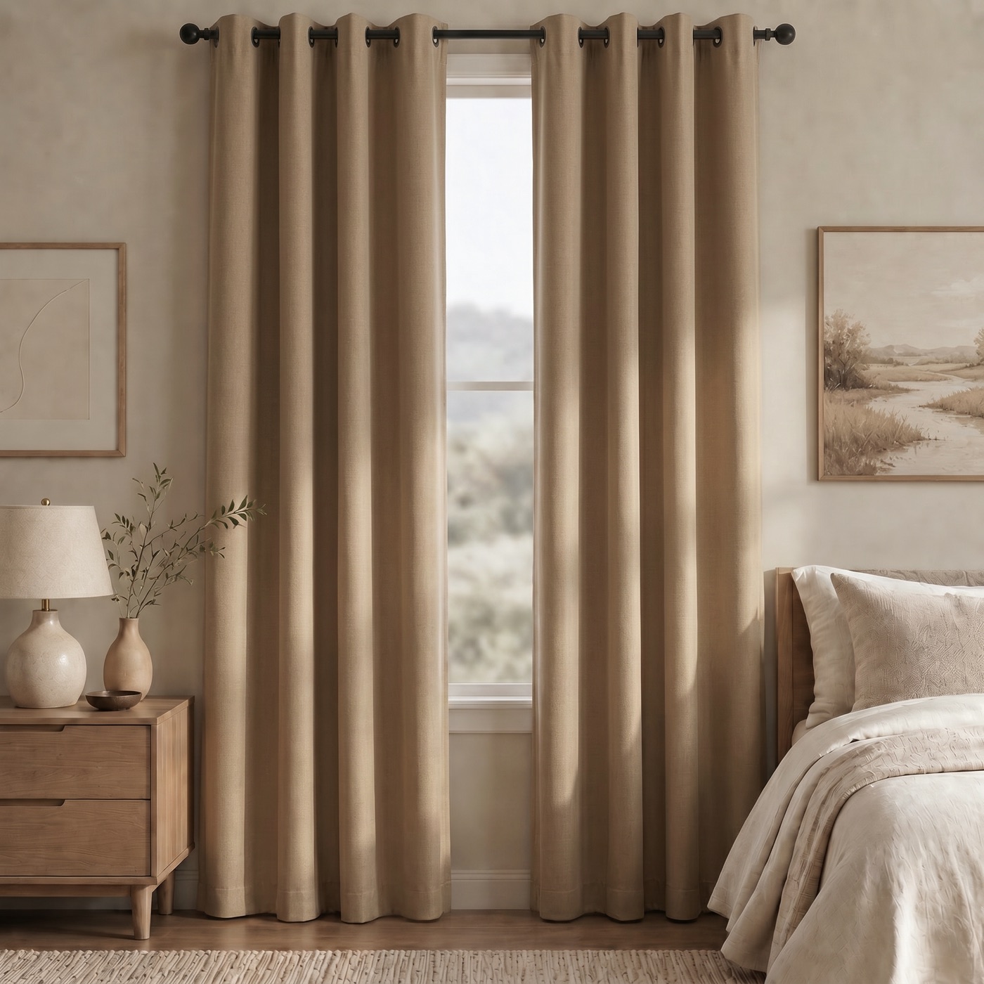 Linen-Look Blackout Curtain in Sand Beige, hanging in a styled room