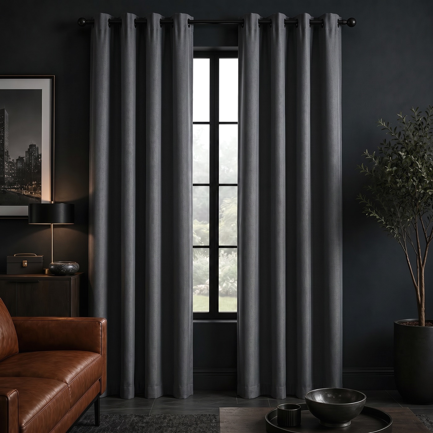 Linen-Look Blackout Curtain in Soft Charcoal, hanging in a styled room
