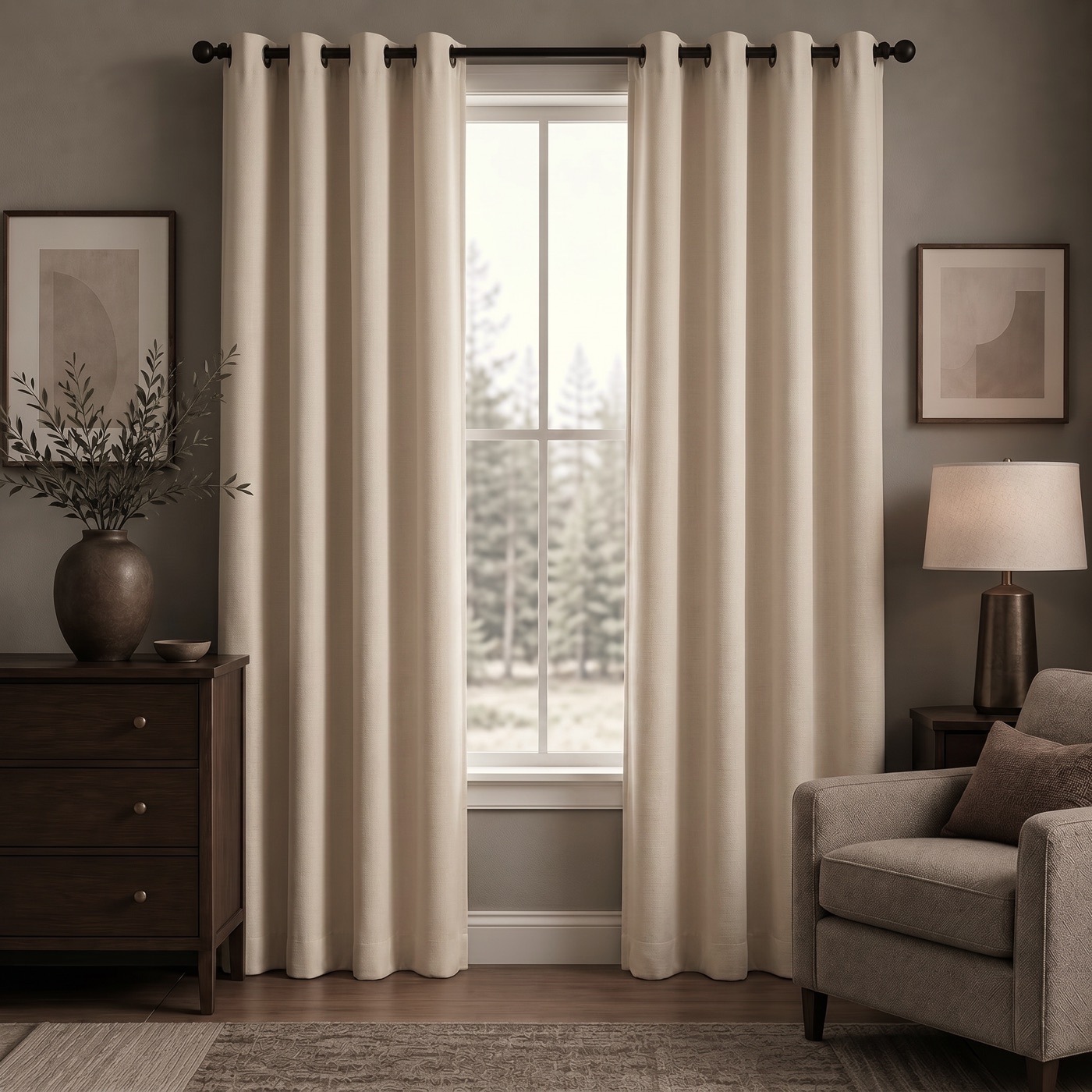 Warm Cream linen-look blackout curtains on a black rod