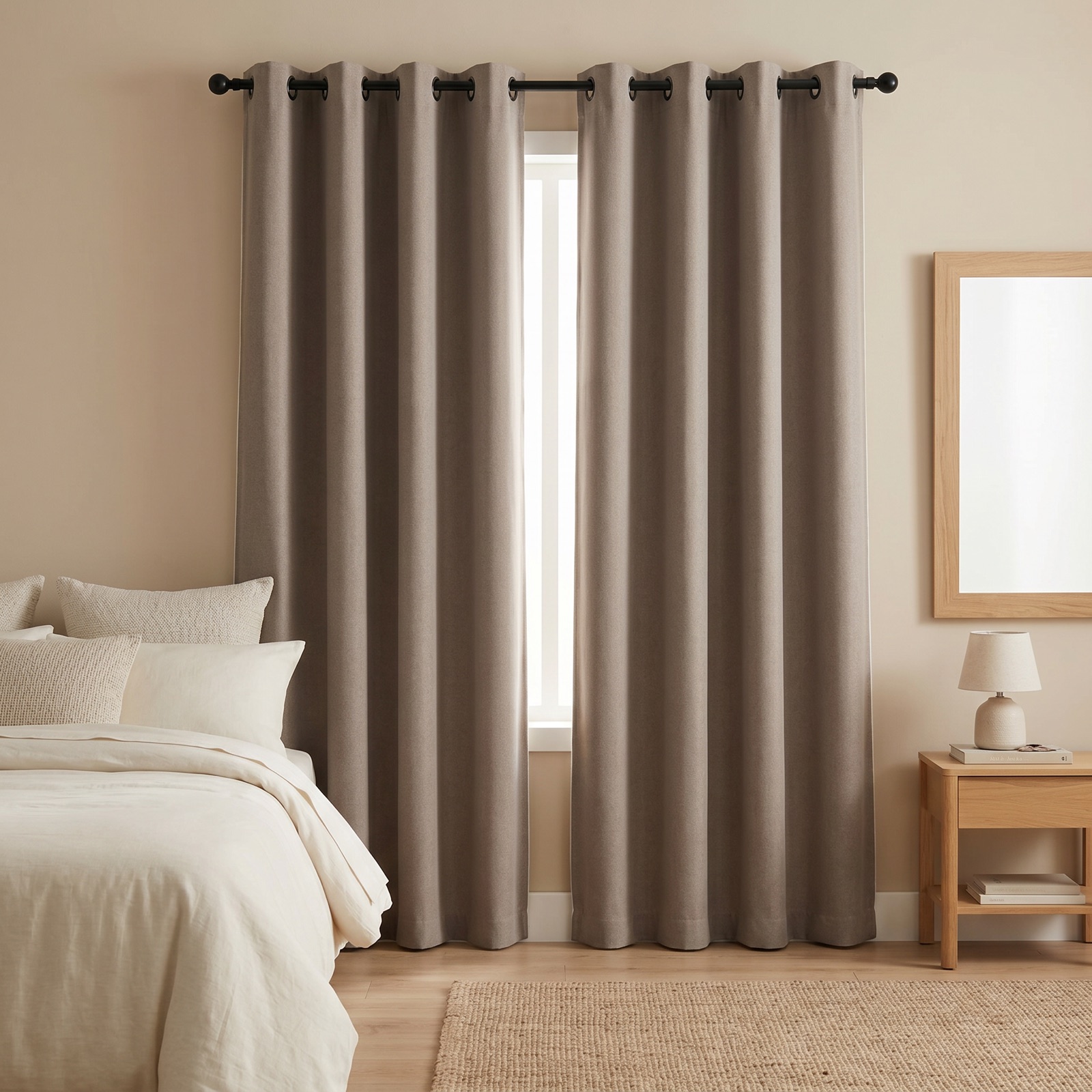 Natural Flax linen-look blackout curtains in a calm beige bedroom