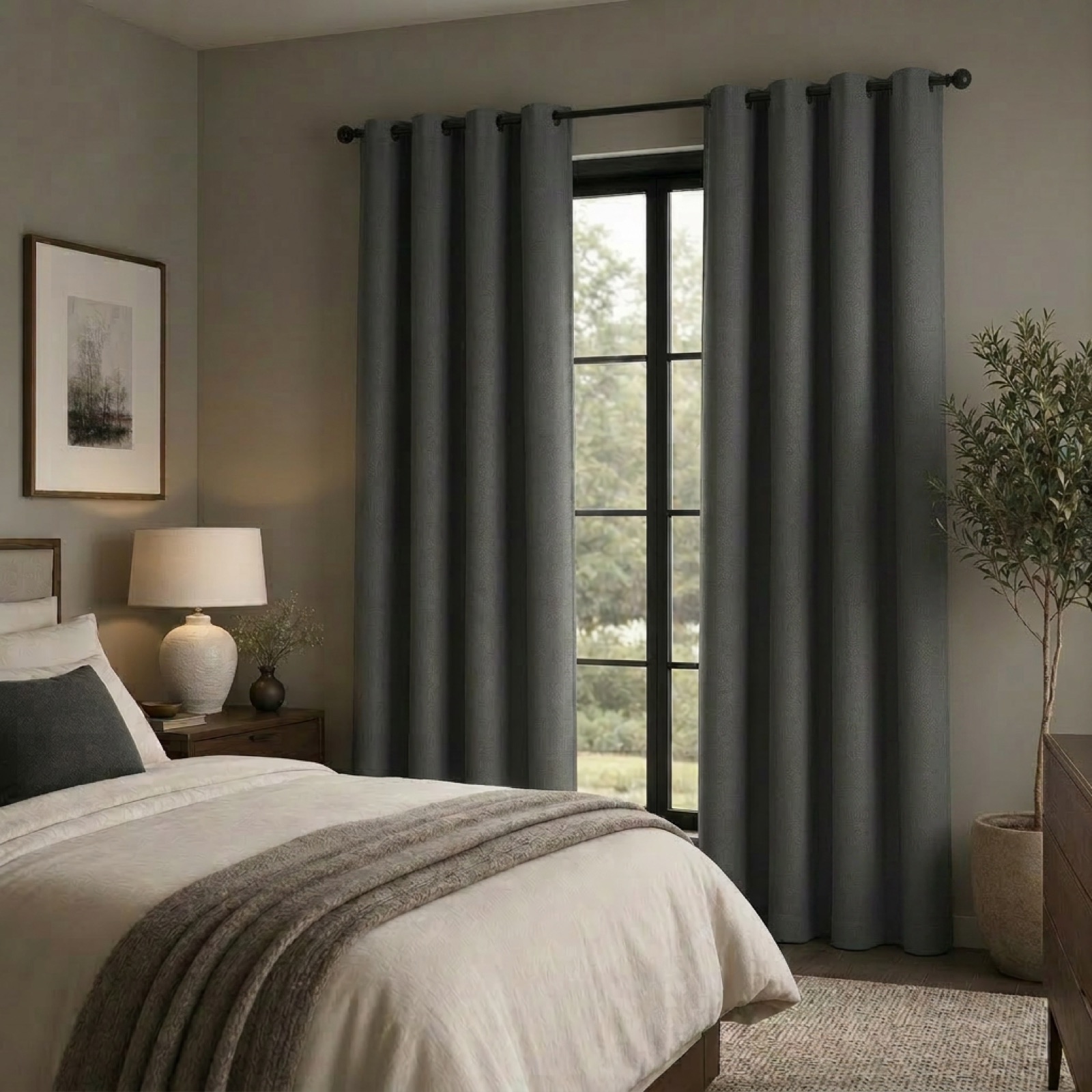 Soft Charcoal blackout curtains grounding a restful bedroom