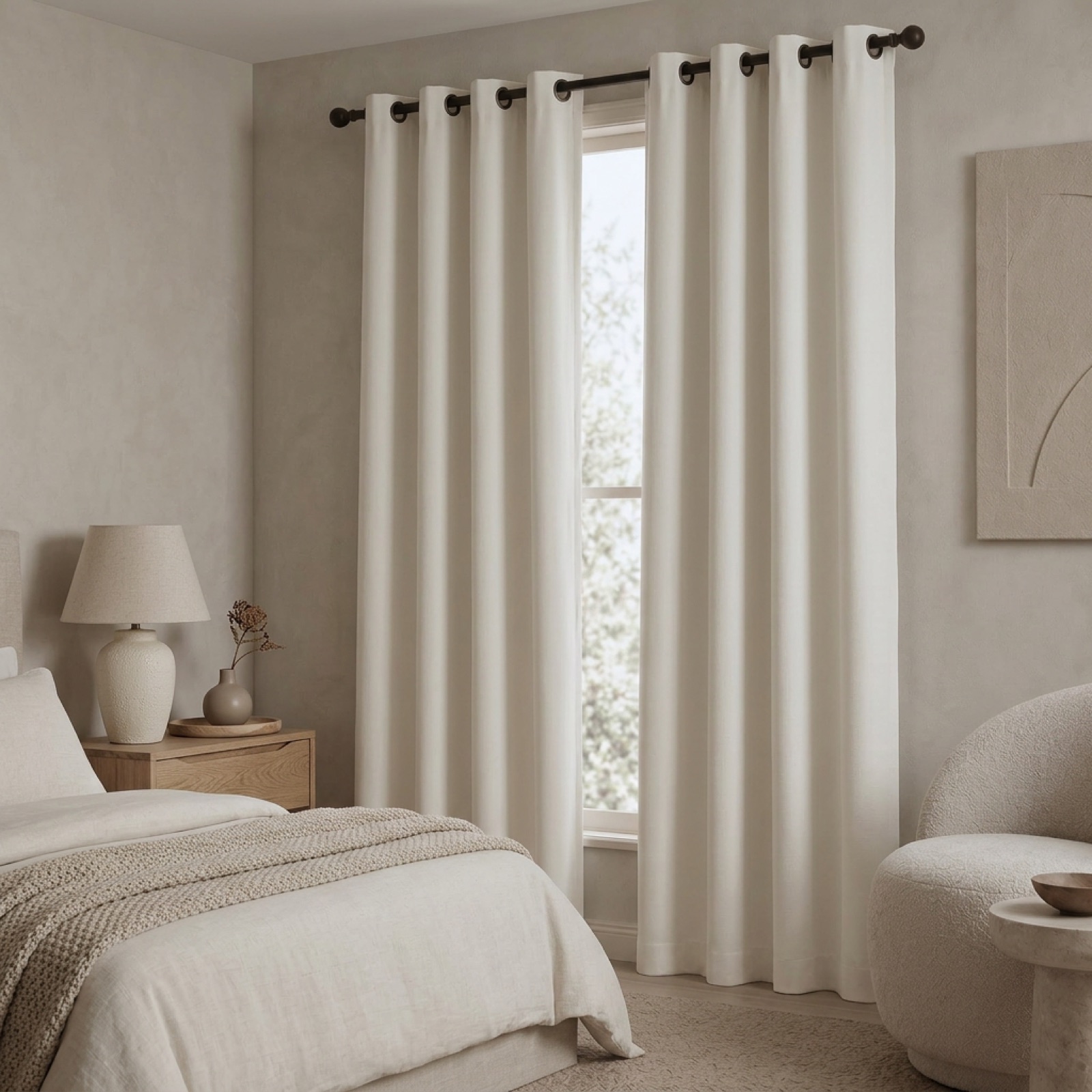 Soft Ivory curtains in an airy, light-filled bedroom