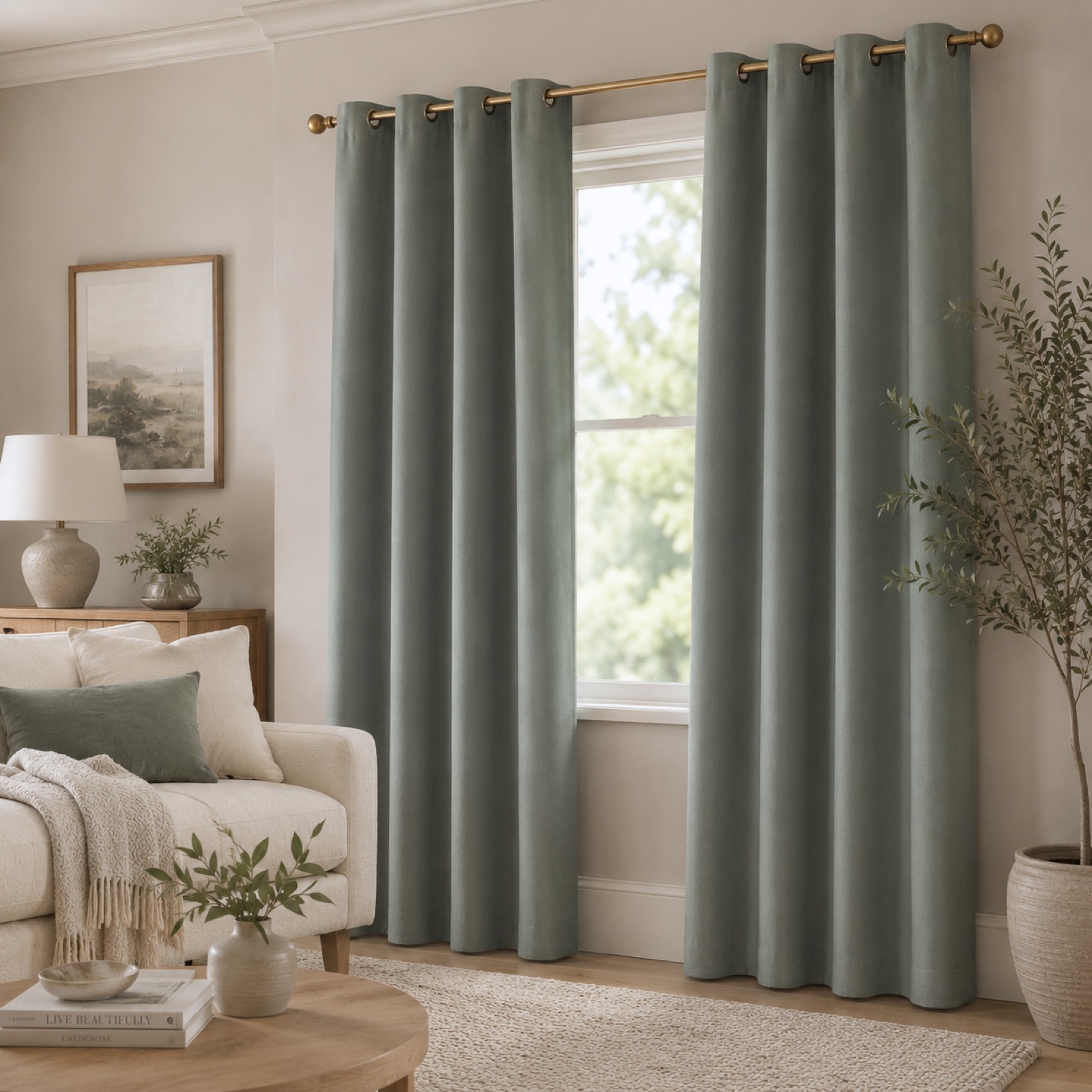 Muted Sage curtains in a bright living room