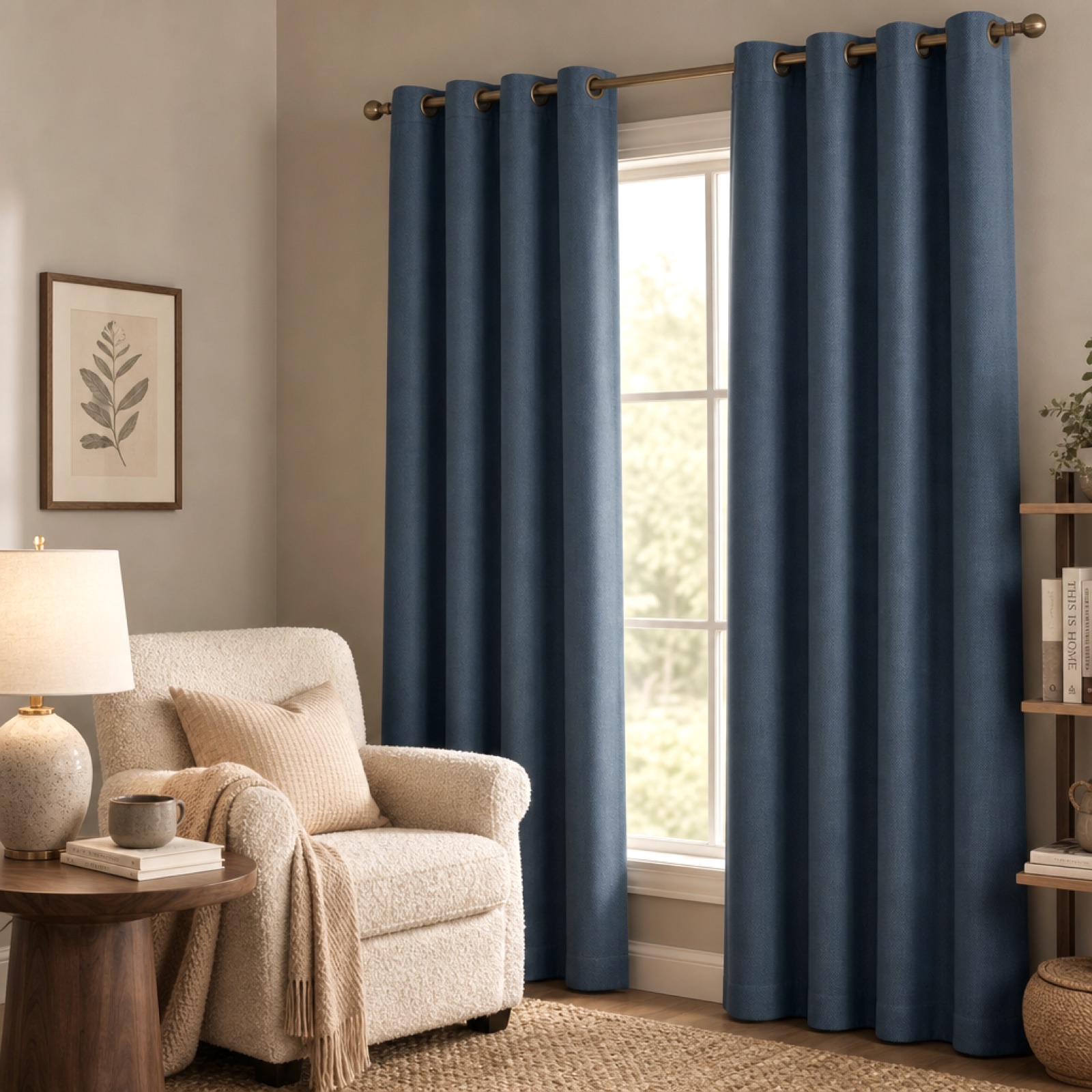 Denim Blue curtains framing a quiet reading nook