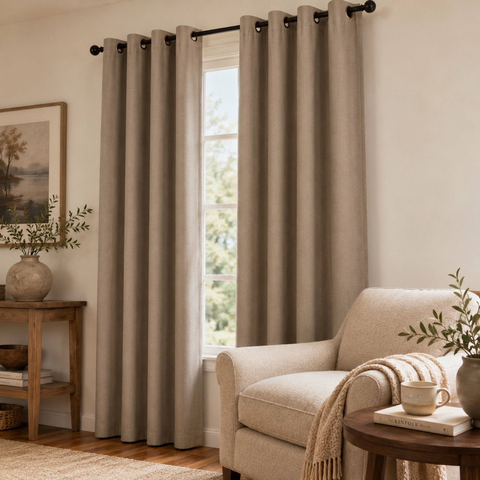A quiet reading corner framed by Natural Flax linen-look curtains