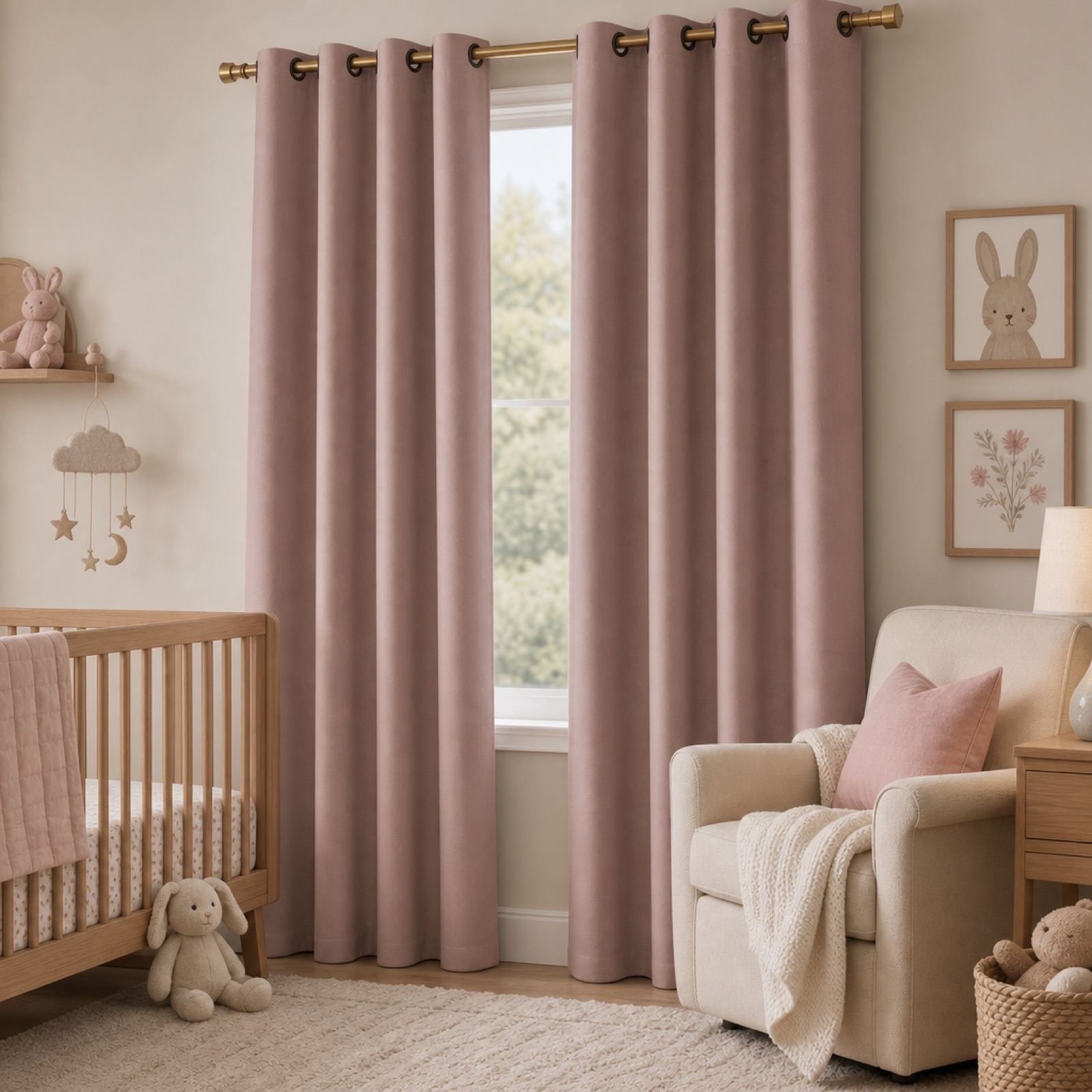 Blush Pink blackout curtains keeping a nursery soft and dim