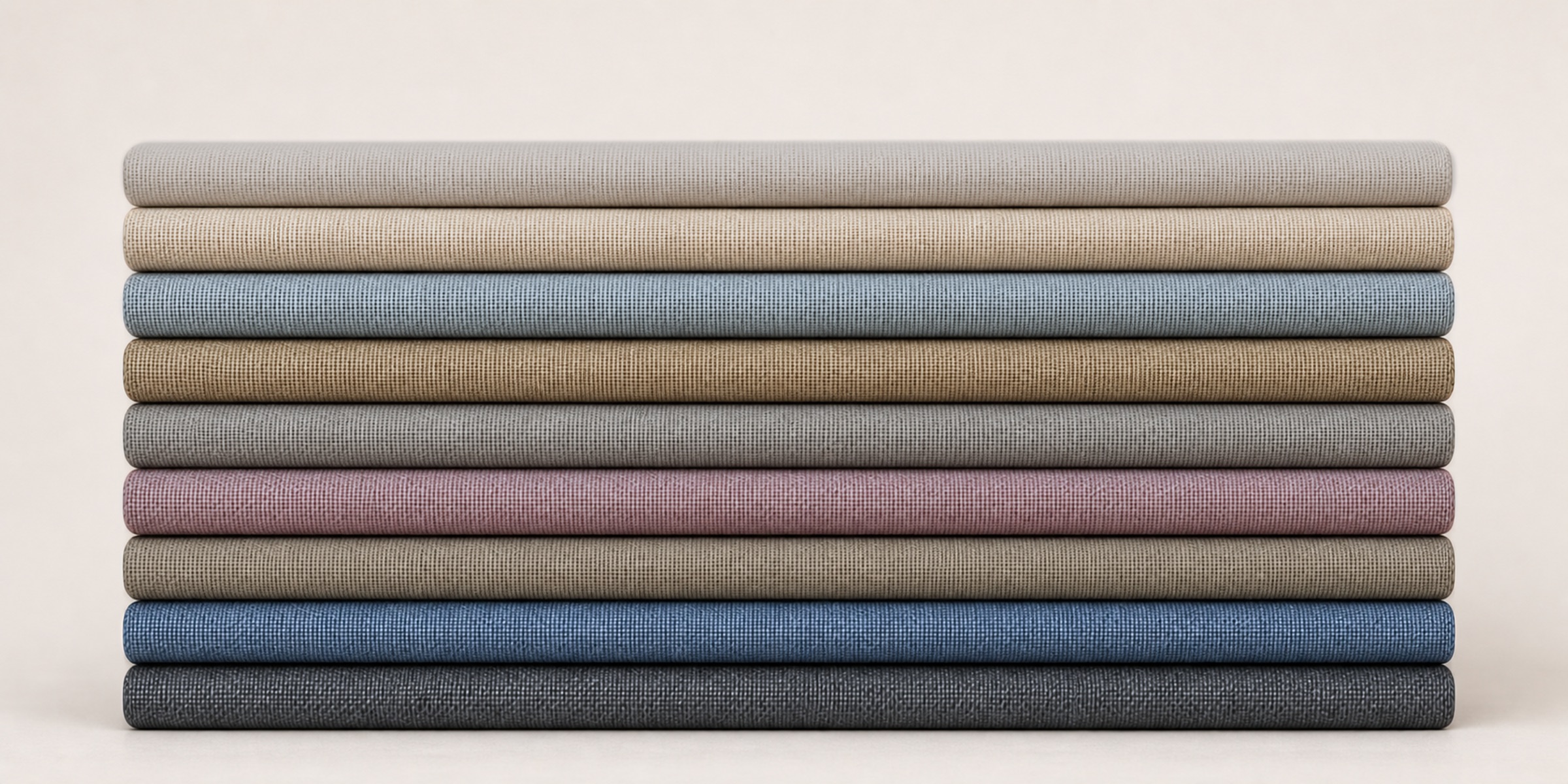 All nine Sunday Cover curtain colors folded in a stack, light to dark