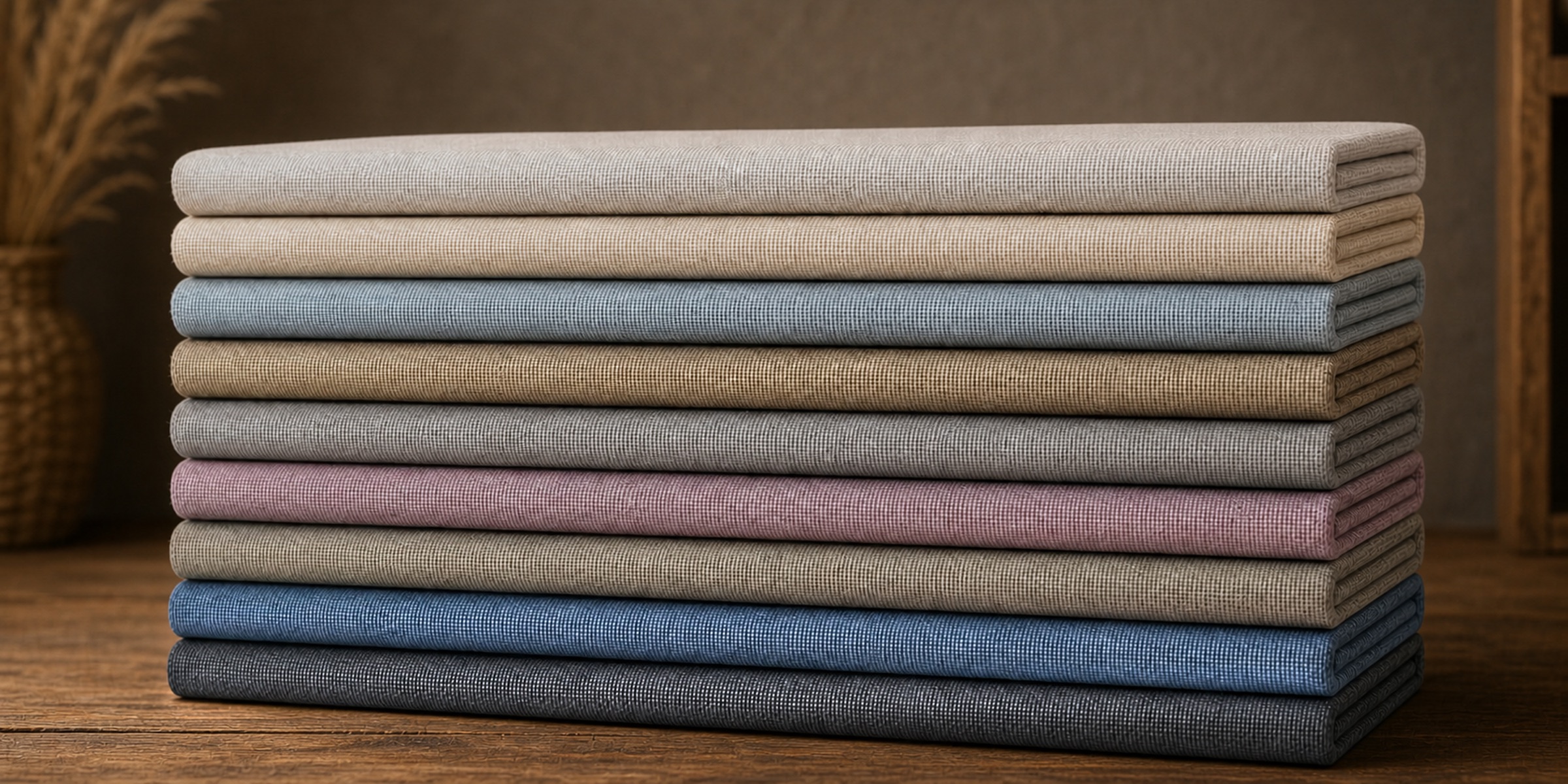 Folded stacks of Sunday Cover curtain fabric in all nine colors